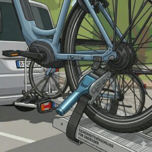 Sicherheitssysteme und Halterungen am Fahrradträger mit Rampe für Menschen mit Behinderung.