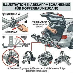 Abkippmechanismus vom Aluminium Fahrradträger mit Rampe für bequemen Zugang zum Kofferraum.