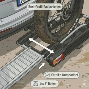 Breite Radschienen für dicke Reifen am Fahrradträger mit Rampe für Mountainbikes.
