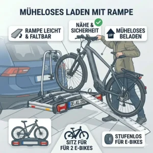 E-Bike Fahrradträger mit Rampe für 2 Zoll Kupplung in praktischer Anwendung.