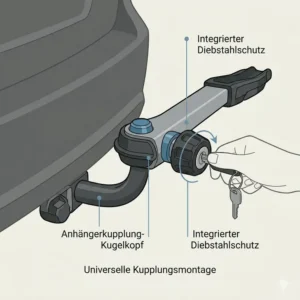 Einfache Montage auf der Anhängerkupplung für Fahrradträger mit Rampe und Diebstahlschutz.