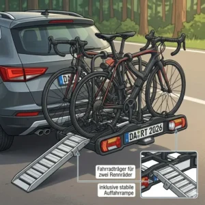 Anhängerkupplungs-Fahrradträger mit Rampe für Rennräder für zwei Rennräder inklusive stabiler Auffahrrampe.