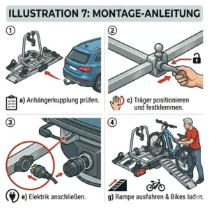 Eine schrittweise Anleitung zur Montage der Anhängerkupplung beim Aluminium Fahrradträger mit Rampe.