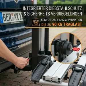Detailansicht der stabilen Haltearme und Schlösser für maximale Sicherheit beim Fahrradtransport.