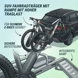 Fahrradträger mit Rampe mit hoher Tragfähigkeit montiert an einem SUV für den Transport von schweren Mountainbikes.