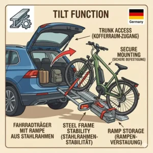Abgeklappter Fahrradträger mit Rampe aus Stahlrahmen ermöglicht den Zugang zum Kofferraum trotz montierter Räder.