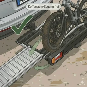 Der praktische Abklappmechanismus am Fahrradträger mit Rampe für Mountainbikes für freien Kofferraumzugang.
