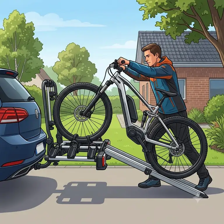 Ein Verstellbarer Fahrradträger mit Rampe montiert an einer Anhängerkupplung, auf den ein schweres E-Bike geschoben wird.