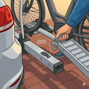 Nahaufnahme der Montage einer stabilen Auffahrschiene am Fahrradträger mit Rampe für Tiefeinsteiger.