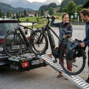 Detailed illustration showing the ease of loading an e-bike using the dedicated ramp on the fahrradtraeger mit rampe und aufbewahrung.