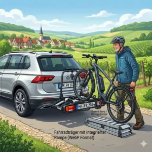 Nahaufnahme der ausklappbaren Auffahrschiene bei einem Fahrradträger mit integrierter Rampe.