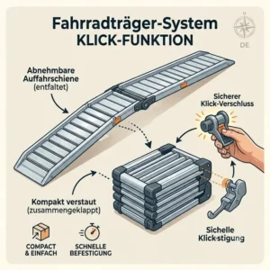 Infografik zur Funktionsweise und dem Konzept hinter dem Fahrradträger mit abnehmbarer Rampe.