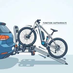 Illustration der Auffahrhilfe für ein E-Bike auf einen Verstellbarer Fahrradträger mit Rampe beim mühelosen Hochschieben.