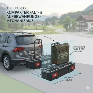 Blueprint diagram illustrating the compact, folded storage mode of the fahrradtraeger mit rampe und aufbewahrung inside a garage.