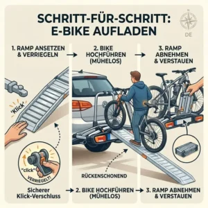 Schritt-für-Schritt-Anleitung zum Beladen der Fahrräder über den Fahrradträger mit abnehmbarer Rampe.