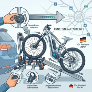 Grafische Darstellung der verstellbaren Schienen und Haltearme, die ein Verstellbarer Fahrradträger mit Rampe bietet.
