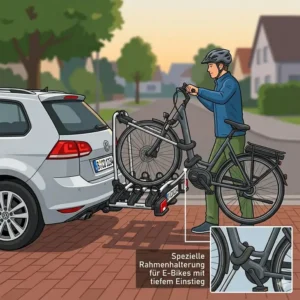 Spezielle Rahmenhalterung für E-Bikes mit tiefem Einstieg auf dem Fahrradträger mit Rampe für Tiefeinsteiger.