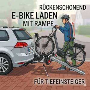 Illustration zum rückenschonenden E-Bike-Laden mittels Fahrradträger mit Rampe für Tiefeinsteiger.