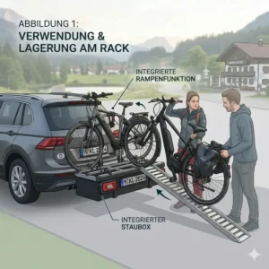 Technical drawing highlighting the tilting mechanism of the fahrradtraeger mit rampe und aufbewahrung, allowing trunk access.