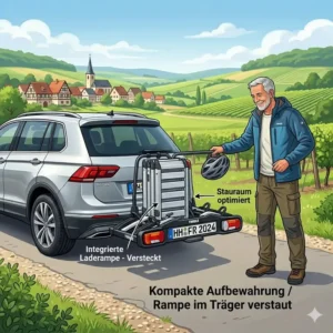 Illustration eines Heckträgers mit unsichtbar im Rahmen eingeschobener Laderampe für den Fahrradträger mit integrierter Rampe.