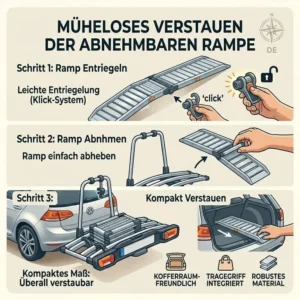 So lässt sich das Zubehör für den Fahrradträger mit abnehmbarer Rampe platzsparend im Kofferraum verstauen.