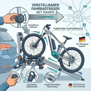 Eine kompakte Darstellung im Kofferraum für einen klappbaren Verstellbarer Fahrradträger mit Rampe zur einfachen Aufbewahrung.