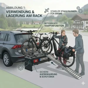 Infographic focusing on the reinforced structural frame of the fahrradtraeger mit rampe und aufbewahrung for heavy electric bikes.