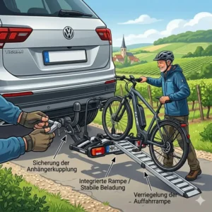 Sicherung und stabile Montage auf der Anhängerkupplung für den Fahrradträger mit integrierter Rampe eines PKW.