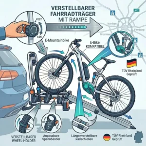 Grafik zur Kompatibilität für einen Verstellbarer Fahrradträger mit Rampe mit unterschiedlichen Fahrradtypen wie Mountainbikes.