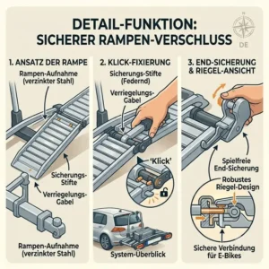 Detailansicht des sicheren Klick-Verschlusses am Fahrradträger mit abnehmbarer Rampe.