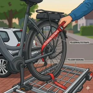 Sichere Felgenfixierung eines Tiefeinsteiger E-Bikes am Fahrradträger mit Rampe für Tiefeinsteiger.