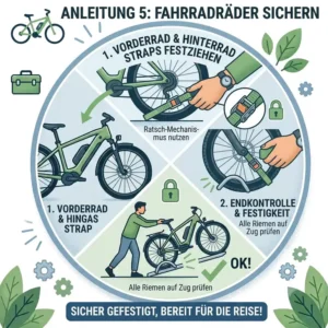 Instruction for securely fastening the tires on the bicycle rack with retaining straps.