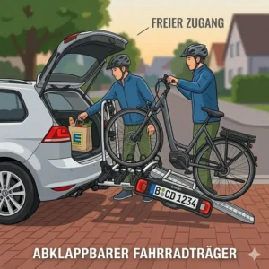 Abklappbarer Fahrradträger mit Rampe für Tiefeinsteiger für freien Zugang zum Kofferraum.