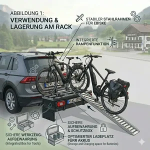 Illustration of a specialized wall mounting accessory and protective cover designed for storing the fahrradtraeger mit rampe und aufbewahrung.