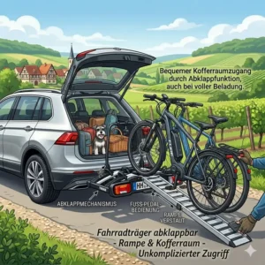 Abgeklappter Fahrradträger mit integrierter Rampe für den einfachen und schnellen Zugang zum Kofferraum.