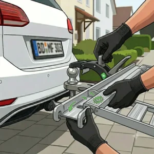 Attachment of the foldable ramp to the towbar (Kupplungsträger) platform.