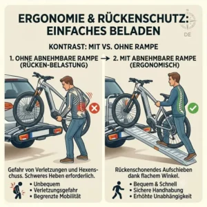 Ergonomische Vorteile beim Nutzen von einem Fahrradträger mit abnehmbarer Rampe für rückenfreundliches Heben.