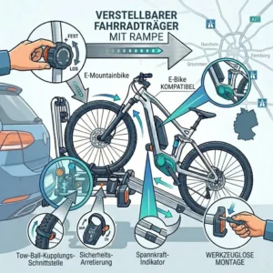 Infografik zur sicheren Montage auf der Anhängerkupplung für einen Verstellbarer Fahrradträger mit Rampe am Auto.