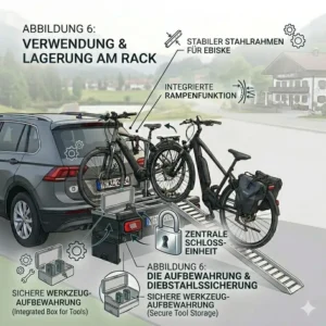 Schematic highlighting the integrated multi-point locking system of the fahrradtraeger mit rampe und aufbewahrung for maximum security.