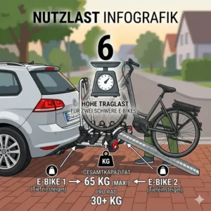 Infografik zur hohen Nutzlast des Fahrradträger mit Rampe für Tiefeinsteiger für schwere E-Bikes.