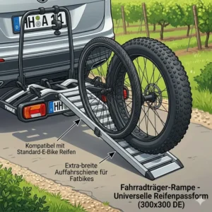 Detailansicht der breiten Auffahrschiene passend für Mountainbikes bei einem Fahrradträger mit integrierter Rampe.
