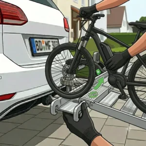E-Bike easily rolling up the included ramp onto the bike carrier.