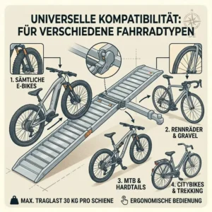 Der universelle Fahrradträger mit abnehmbarer Rampe ist kompatibel mit E-Bikes, Mountainbikes und Citybikes.
