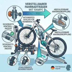 Technische Illustration des Schließsystems und Diebstahlschutzes für einen Verstellbarer Fahrradträger mit Rampe.