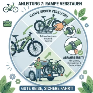 The ramp is stowed on the bicycle rack according to the instruction for a safe journey.