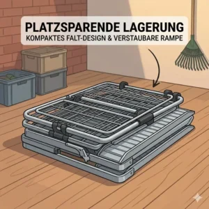 Platzsparende Lagerung des zusammengeklappten Fahrradträger mit Rampe für Tiefeinsteiger.