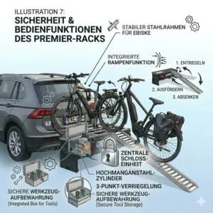 Graphical user guide illustration showing the step-by-step connection process of the ramp to the fahrradtraeger mit rampe und aufbewahrung