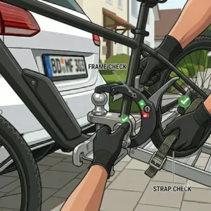 Final checklist: Securely fixing all bicycles on the mounted car carrier.