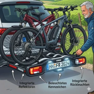 Rückansicht inklusive Rückleuchten und Kennzeichenhalterung am Fahrradträger mit integrierter Rampe.