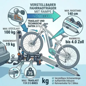 Diagramm mit Maßen, Gewicht und maximaler Traglast für einen Verstellbarer Fahrradträger mit Rampe